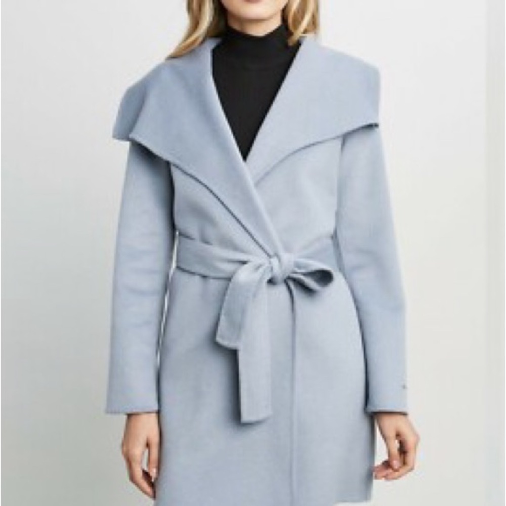 Tahari Light Blue Wool-Blend Coat with Shawl Collar